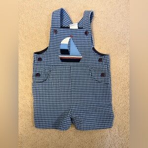 Florence Eiseman Blue Gingham Sailboat Jon Jon Shortall Overalls 12M Boys